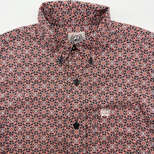 Cinch Button Down Shirt Boys Small 6-8 Orange Navy Geometric Cowboy Rodeo